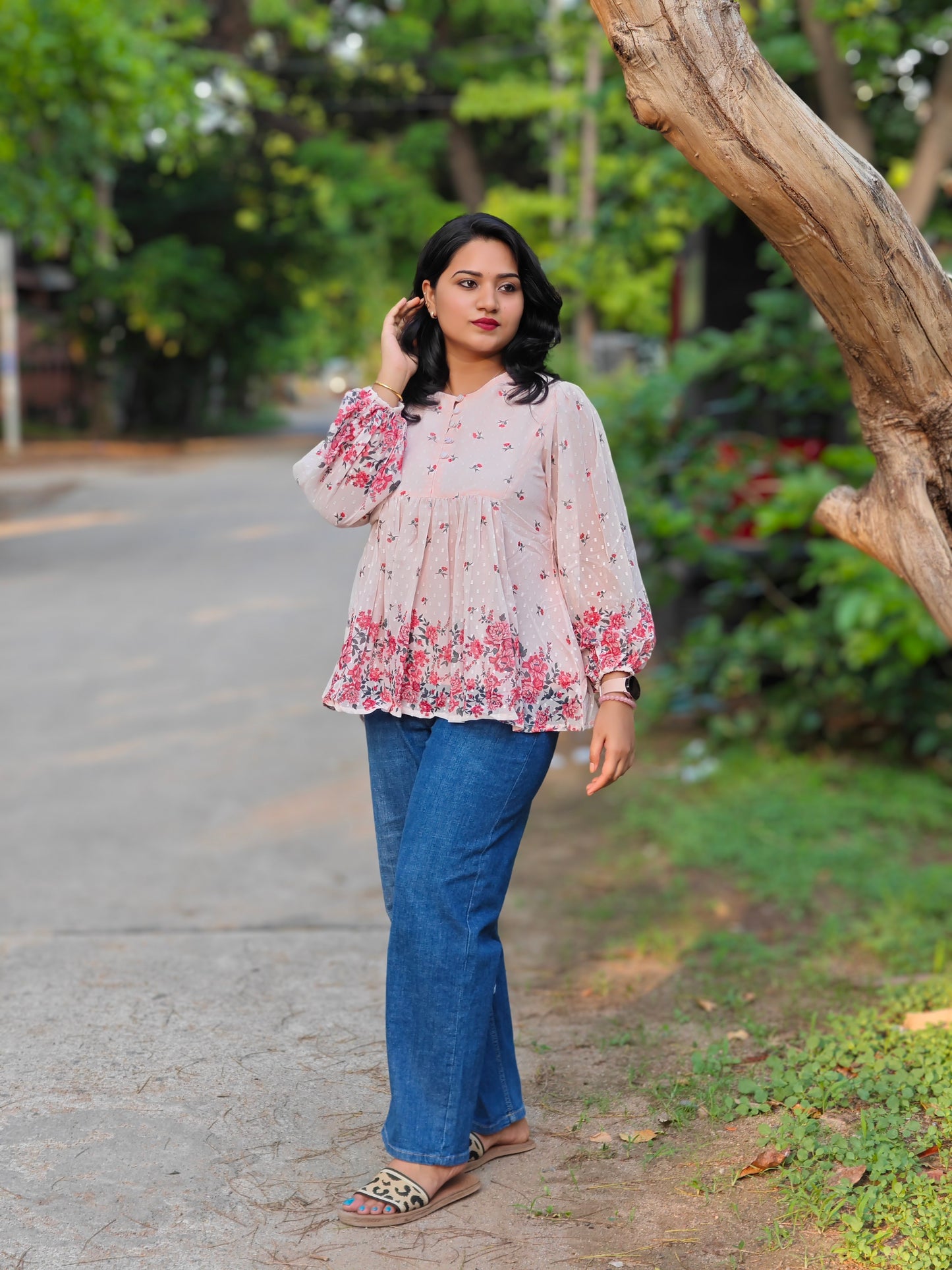 Peach Georgette Floral Printed Flared Top for Women – Sizes M to 3XL