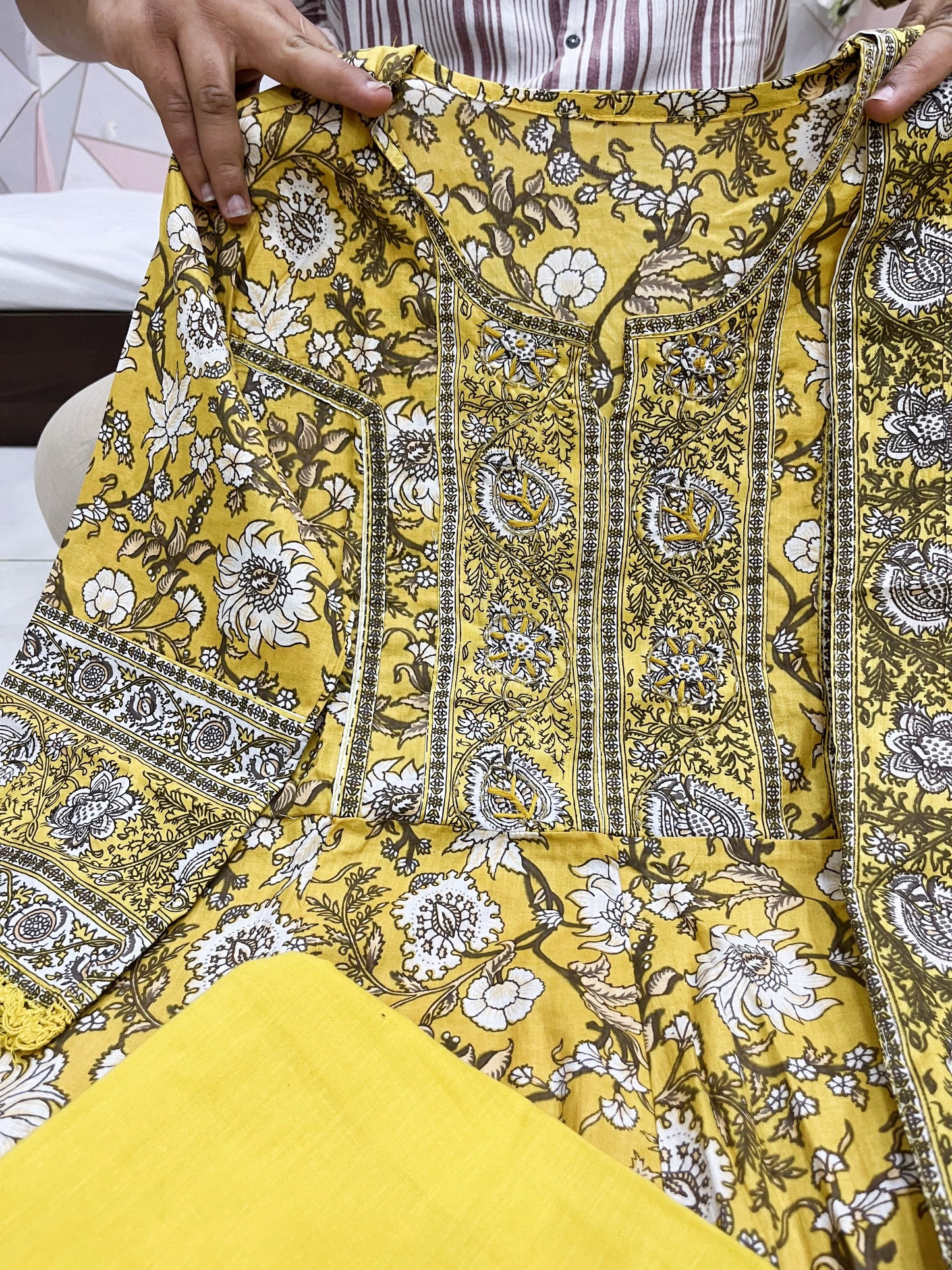 Cotton Anarkali Suit Set with Hand Embroidery, Zari Weaving and Lace Dupatta – Women’s Festive Wear