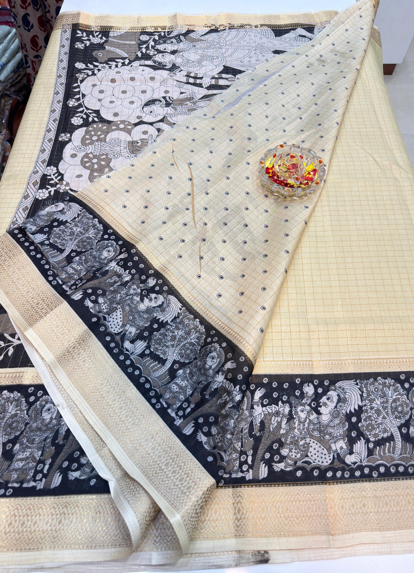 Semi Mysore Georgette Blend Saree for Women with Woven Border and Traditional Printed Design