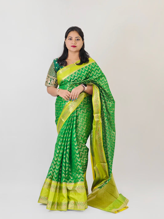 Mangalgiri Tissue Saree with Floral Design, Zari Rich Pallu, Big Border, and Contrast Blouse Piece for Women