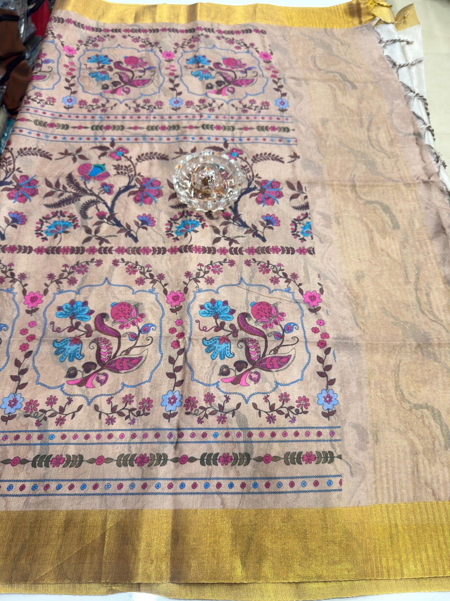 Soft Tussar Silk Printed Saree with Contrast Border, Tassels and Blouse for Women