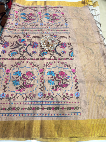 Soft Tussar Silk Printed Saree with Contrast Border, Tassels and Blouse for Women