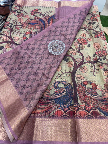 Pashmina Silk Kashmiri Printed Saree for Women Kalamkari Bird Floral Design with Zari Border Ethnic Saree