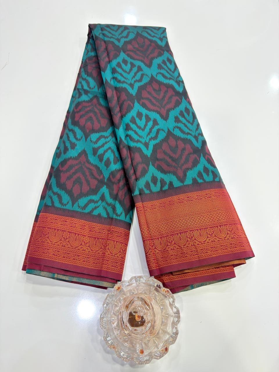 Soft Silk Ikkat Pochampally Saree with Traditional Woven Border and Blouse Piece for Women