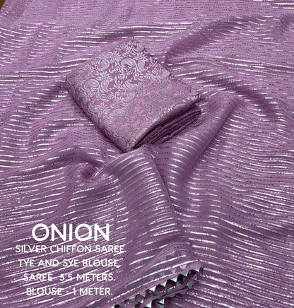 Soft Chiffon Saree with Silver Zari Weaving & Gota Temple Border – Banarasi Silk Blouse Included