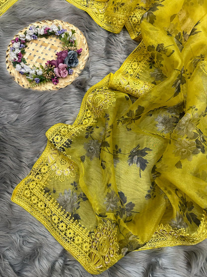 Organza Silk Saree with Digital Print and Viscos Thread Work – Banglori Silk Blouse Included