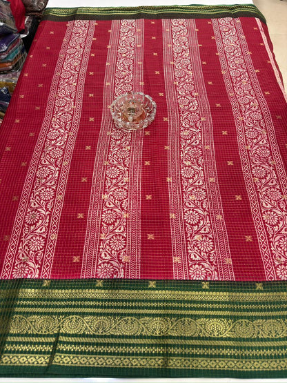 Munga pattu silk blend saree with small buti checks and zari border, women’s festive wear saree
