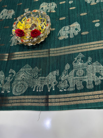 Silk Blend Saree for Women with Elephant Motifs and Traditional Woven Border