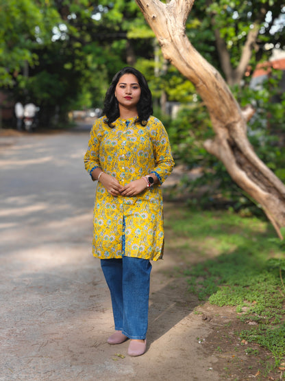 Yellow Cotton Floral Printed Empire Tunic for Women with Button Front – S to 3XL