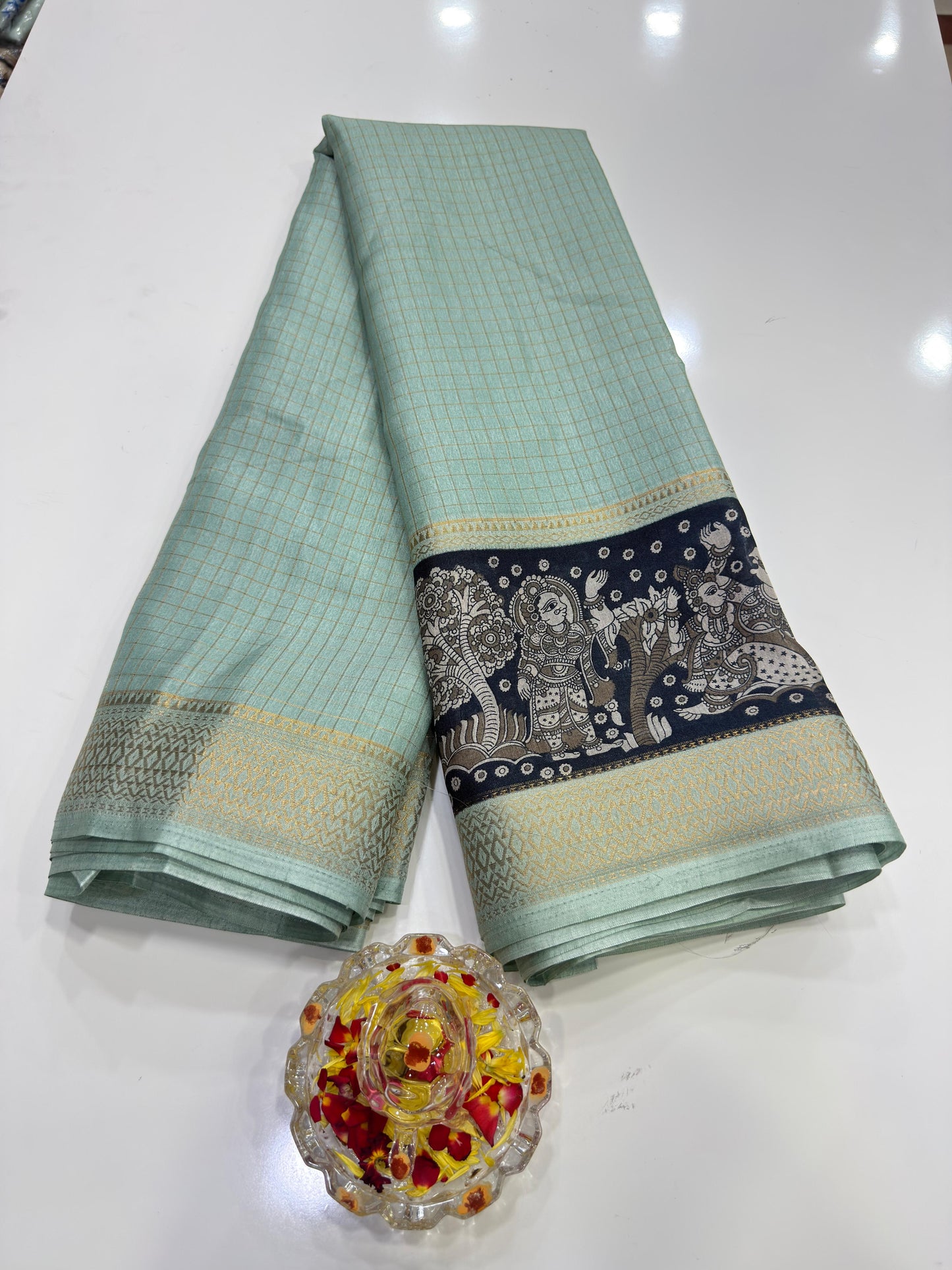Semi Mysore Georgette Blend Saree for Women with Woven Border and Traditional Printed Design