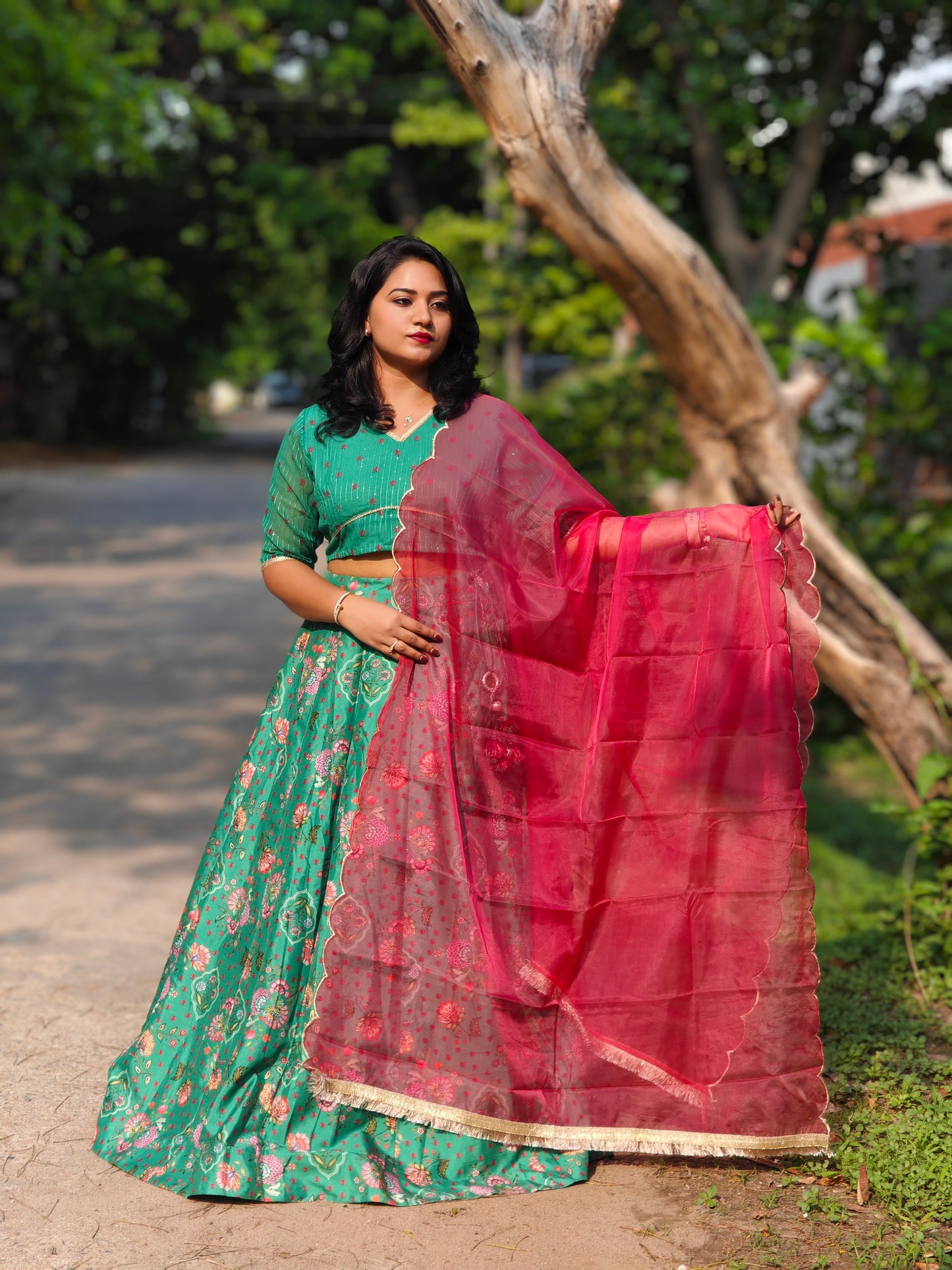 Green Crepe Silk Floral Printed Lehenga Choli with Dupatta for Women – Sizes S to 2XL