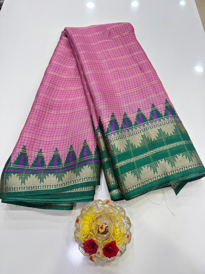 Silk Blend Saree for Women with Temple and Folk Motif Border Traditional Design