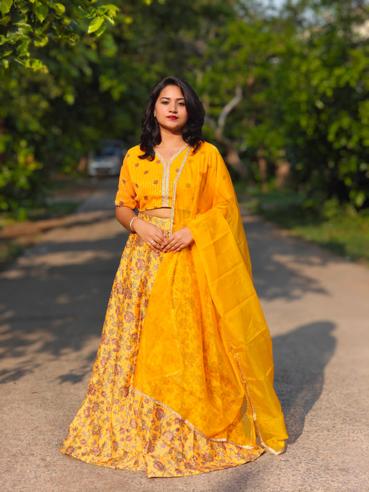 Mustard Crepe Silk Floral Printed Lehenga Choli with Dupatta for Women – Sizes S to 3XL