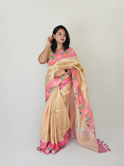 Soft Silk Saree with Pichwai Lotus Print Contrast Border, Rich Zari Pallu, and Blouse Piece