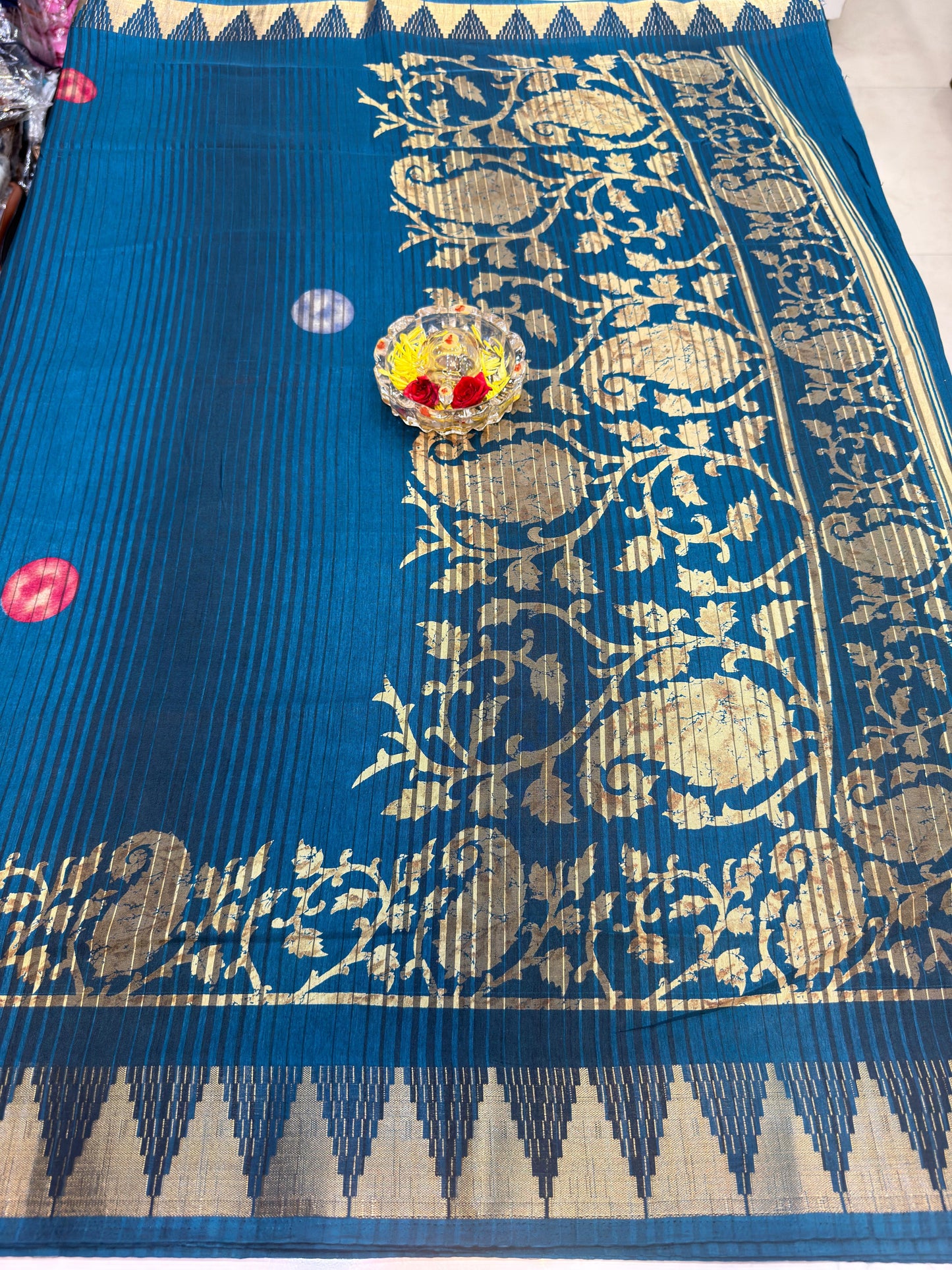 Printed Silk Blend Saree for Women with Temple Border and Traditional Ethnic Design