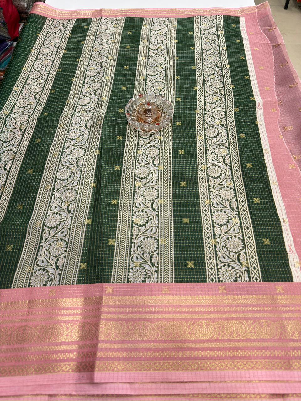 Munga pattu silk blend saree with small buti checks and zari border, women’s festive wear saree