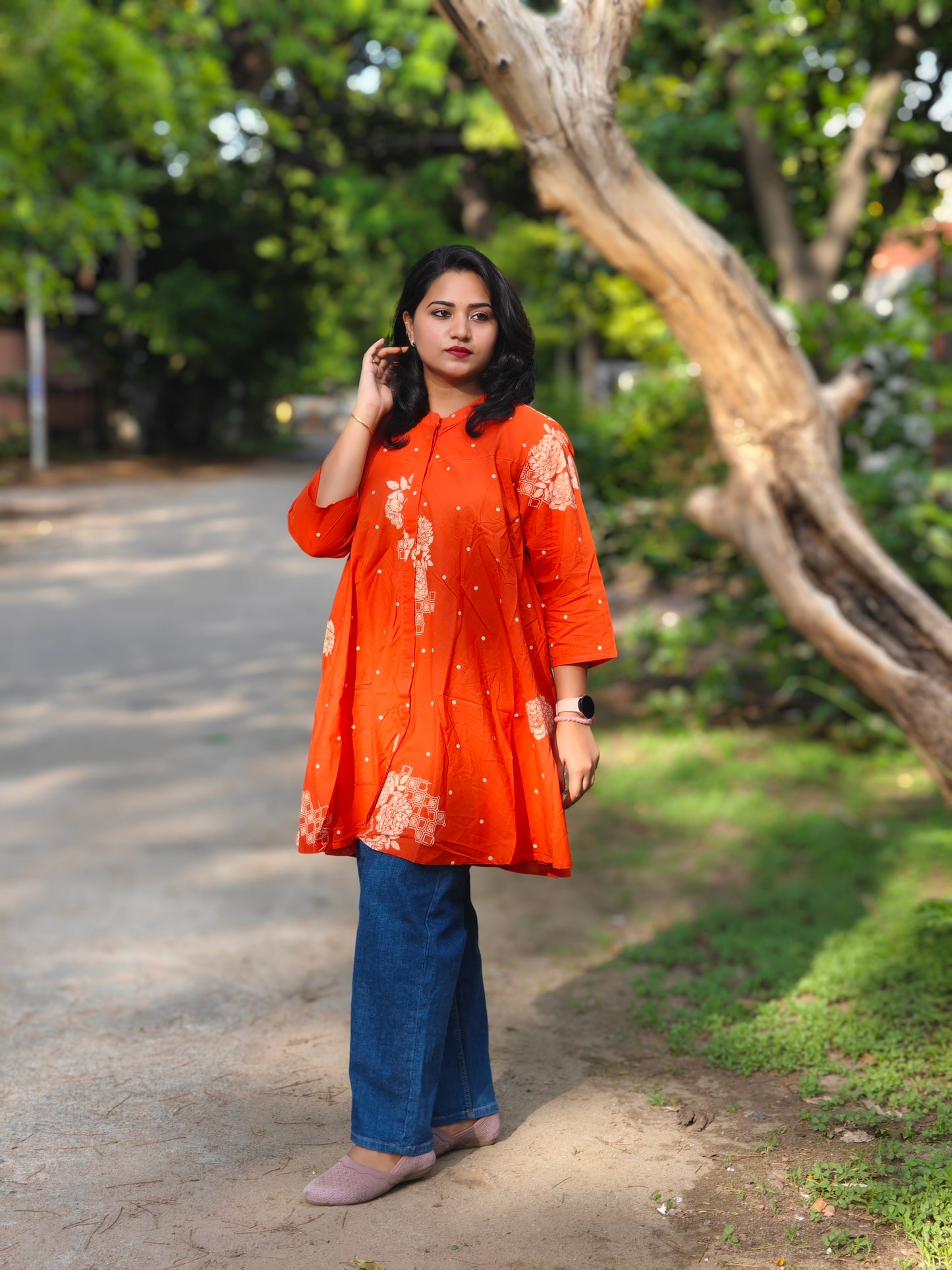 Orange Cotton Floral Printed Flared Tunic for Women – Sizes S to XL