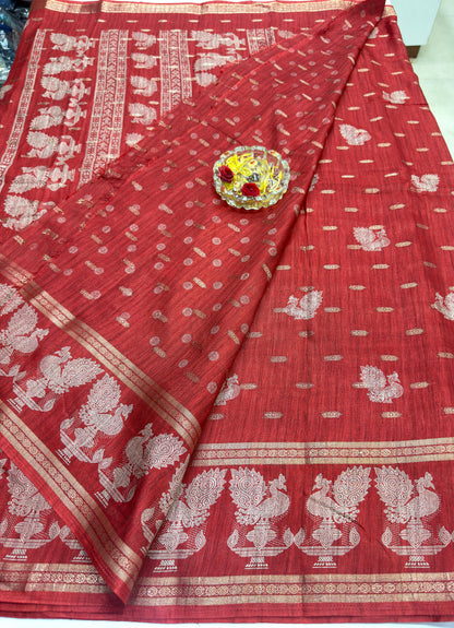 Silk Blend Saree for Women with Elephant Motifs and Traditional Woven Border
