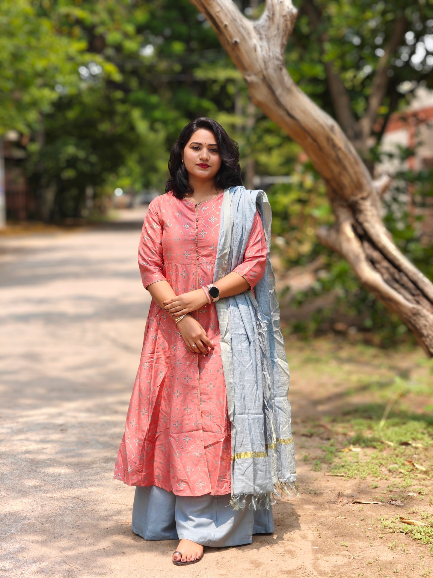 Peach Printed Kurta Palazzo Dupatta Set with Silver-Toned Dupatta for Women – Sizes M to 3XL