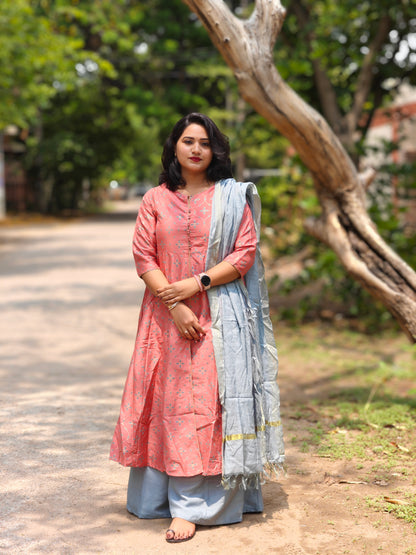 Peach Printed Kurta Palazzo Dupatta Set with Silver-Toned Dupatta for Women – Sizes M to 3XL