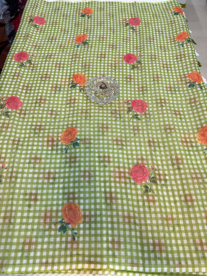Linen Checks Printed Saree with Rose Floral Design and Matching Blouse for Women