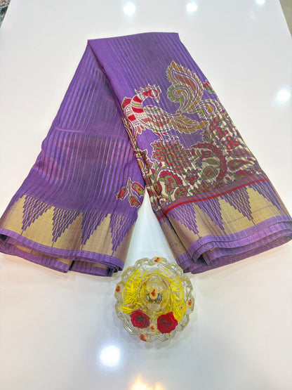 Printed Silk Blend Saree for Women with Temple Border and Traditional Ethnic Design