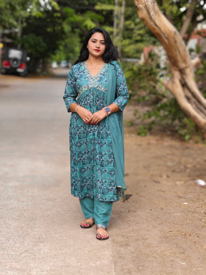 Women’s Chinnon Chiffon Printed Suit Set with Embellished Yoke & Dupatta – Sizes L & 2XL