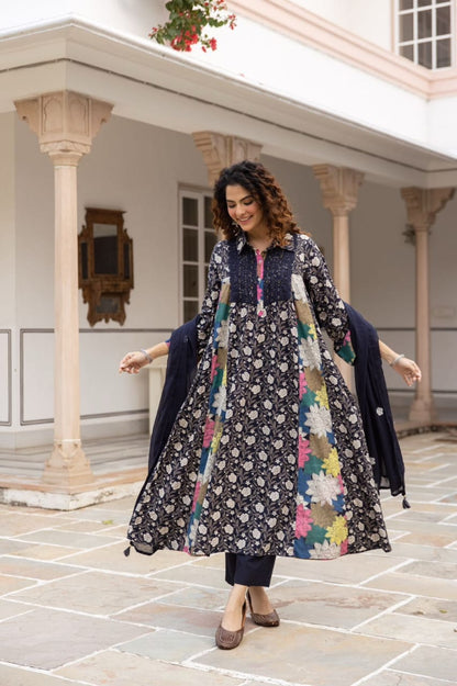 Cotton Printed Kurta Set for Women with Floral Panels and Dupatta