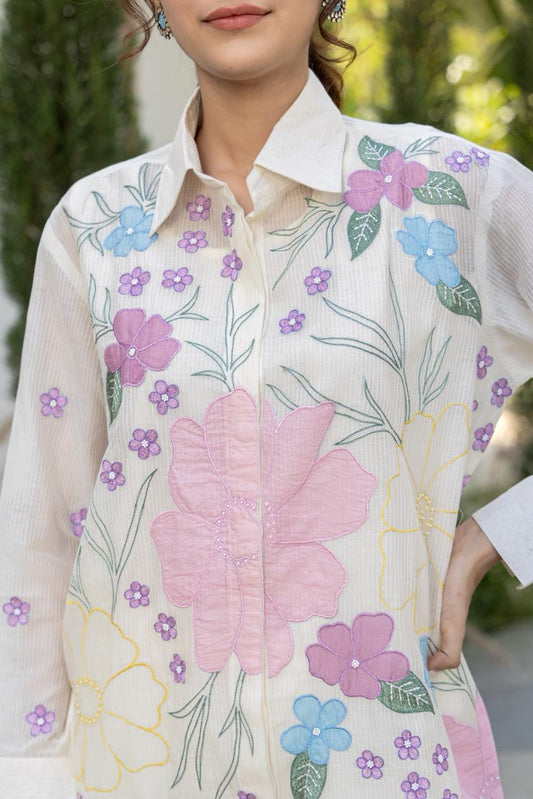 Mul Chanderi Co-Ord Set for Women with Applique Work, Printed Top and Pant Set with Lining