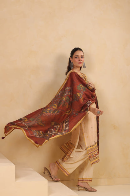 Mul Chanderi Kurti Pant Dupatta Set with Dori and Sequin Handwork for Women