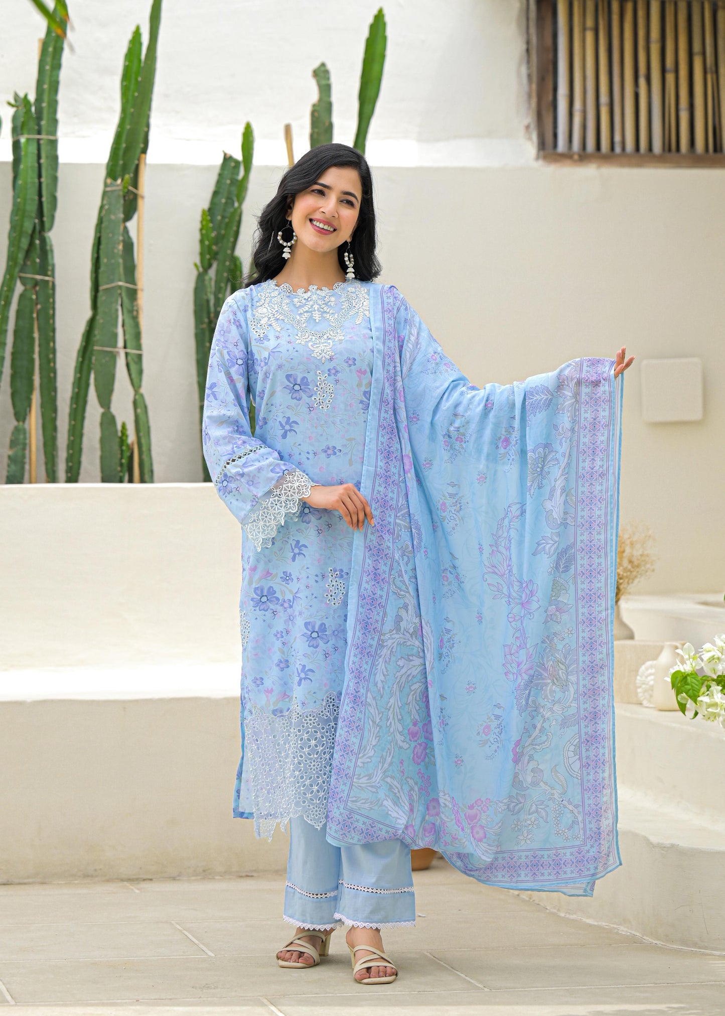 Women’s Pastel Blue Cotton Suit Set with White Lace Embroidery and Dupatta – Sizes M to 3XL