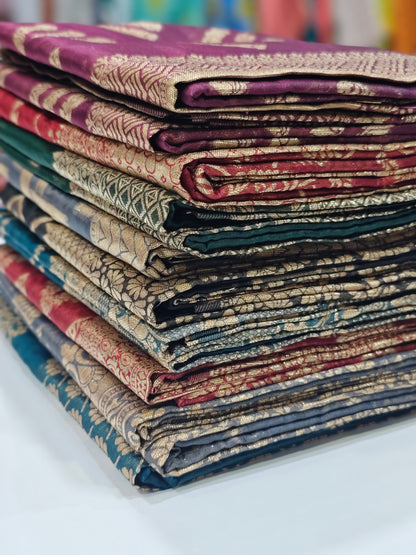 Organza Silk Zari Weaving Saree with Golden Butties, Silver Zari Pallu & Brocade Blouse