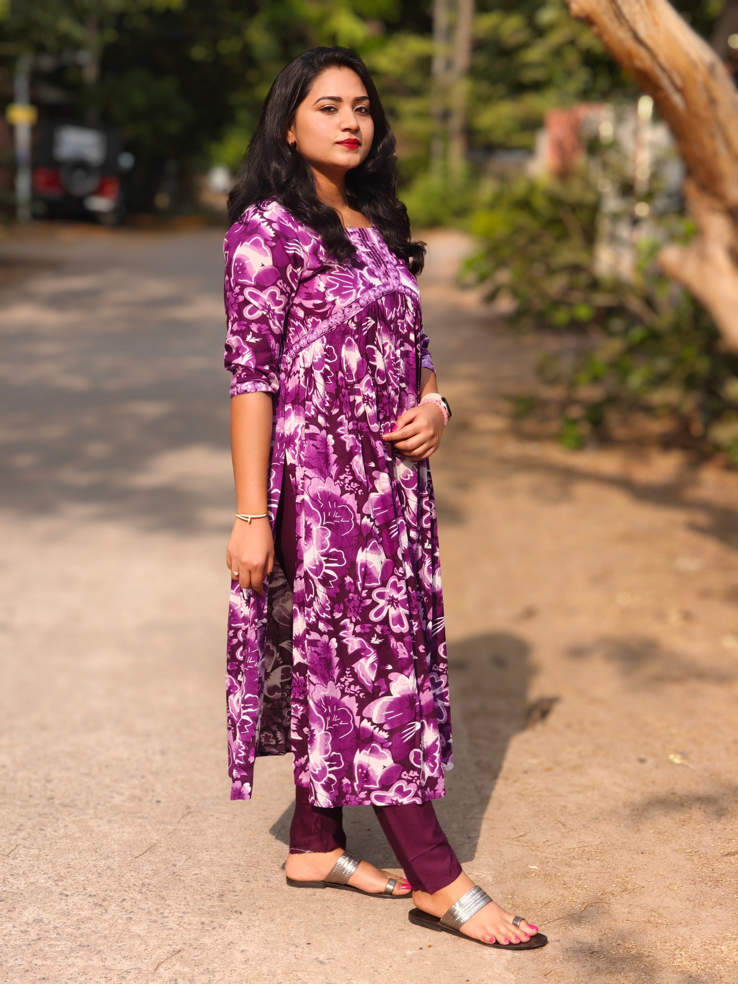 Purple Rayon Aliya Cut Suit Set with Sequins and Mirror Work for Women