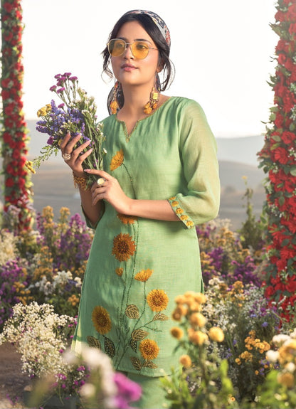 Linen Pure co ord set for women with cotton lining and knot work detailing, top and pant set L to 2XL