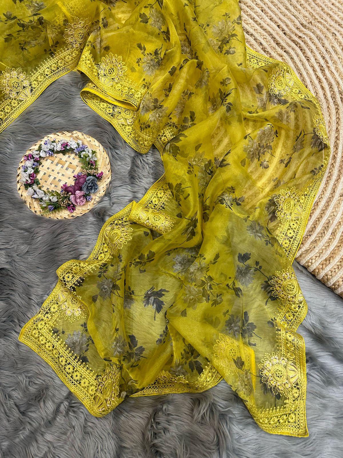 Organza Silk Saree with Digital Print and Viscos Thread Work – Banglori Silk Blouse Included