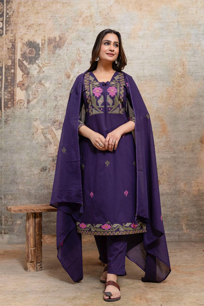 Women's cotton 60x60 straight kurta pant set with dupatta, purple embroidered-look yoke, M–3XL