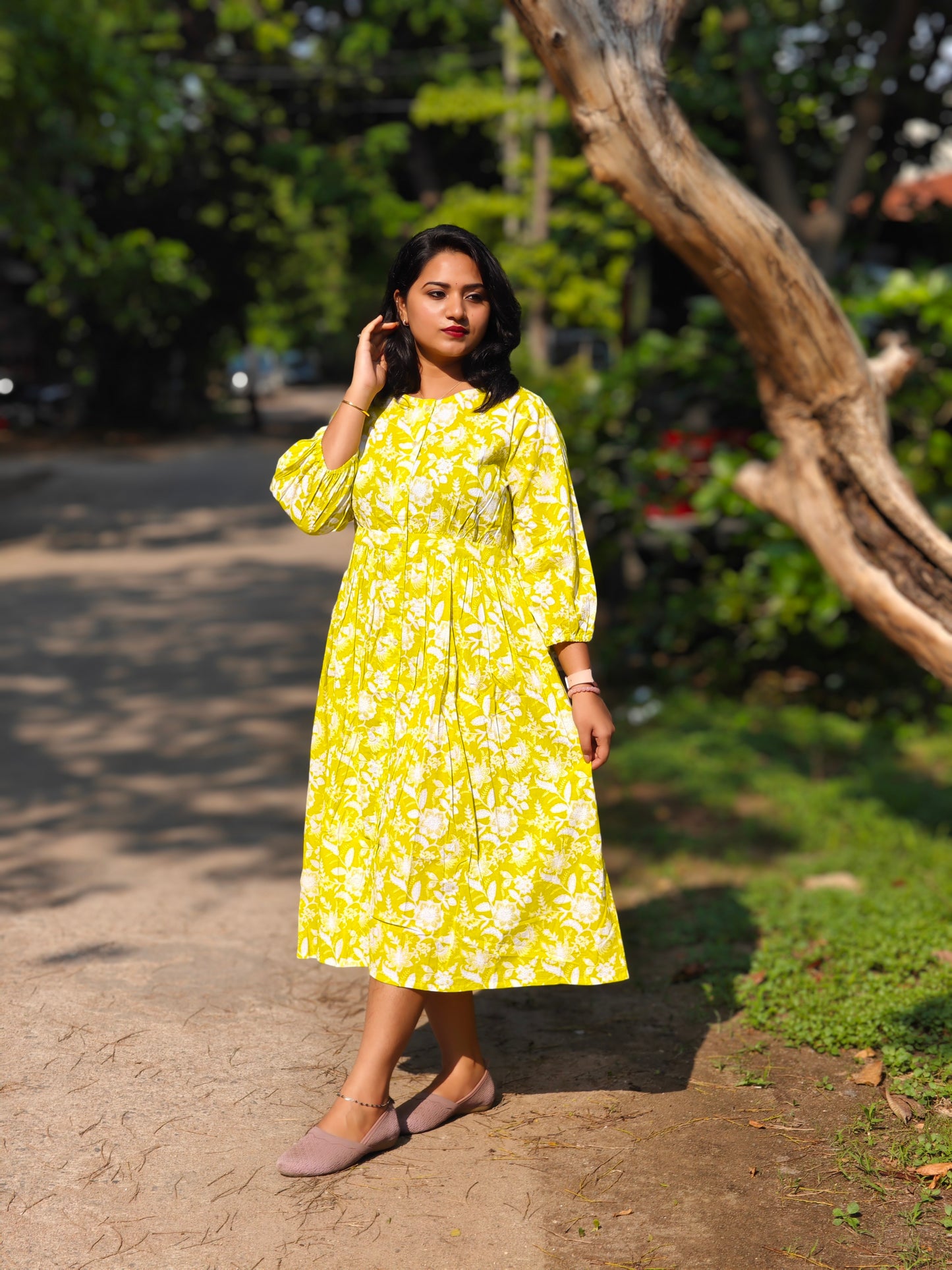 Lime Yellow Cotton Floral Gathered Midi Dress for Women – Size L