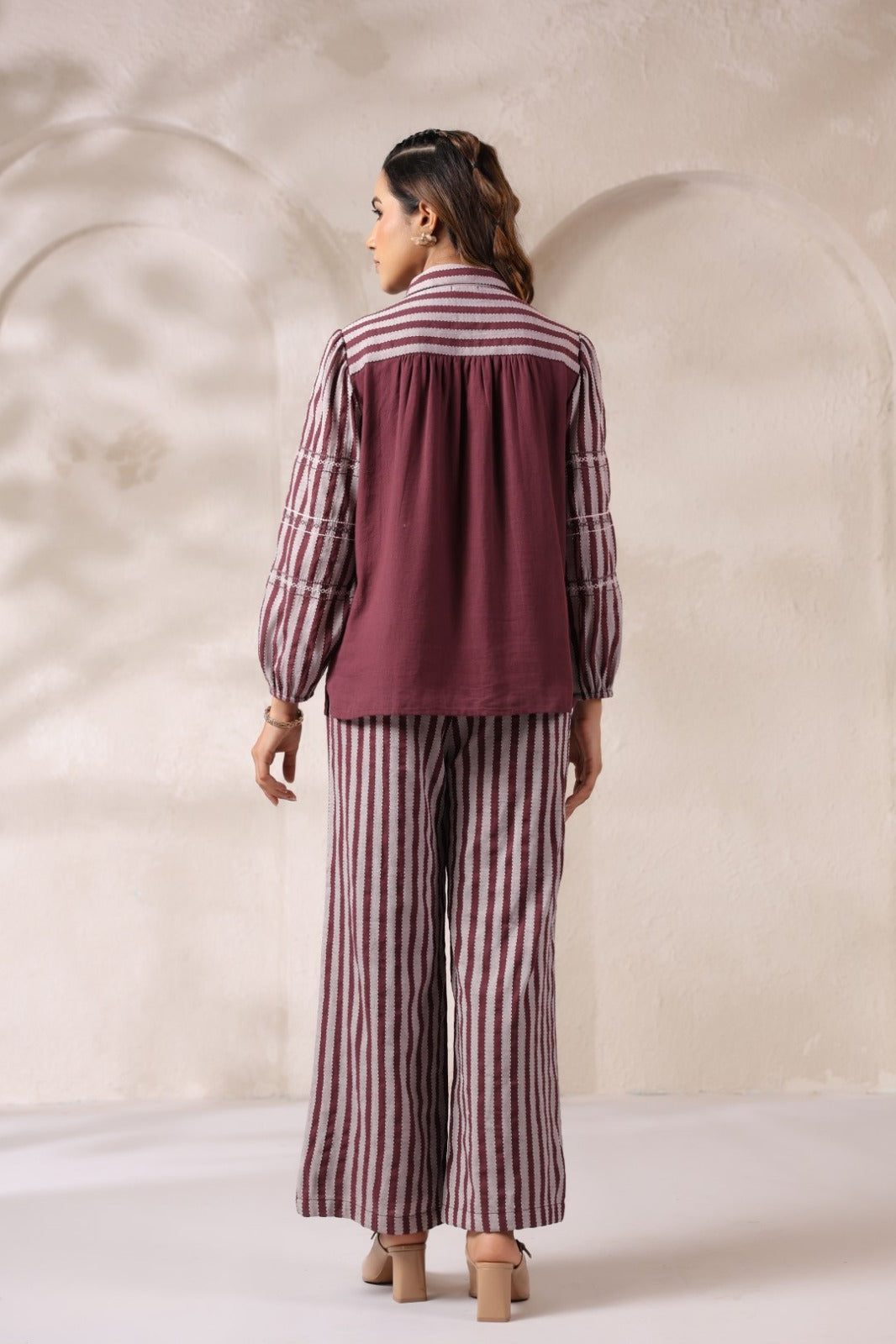 Women’s cotton striped hand-embroidered shirt and wide-leg pant co-ord set, wine and grey, size 38–44