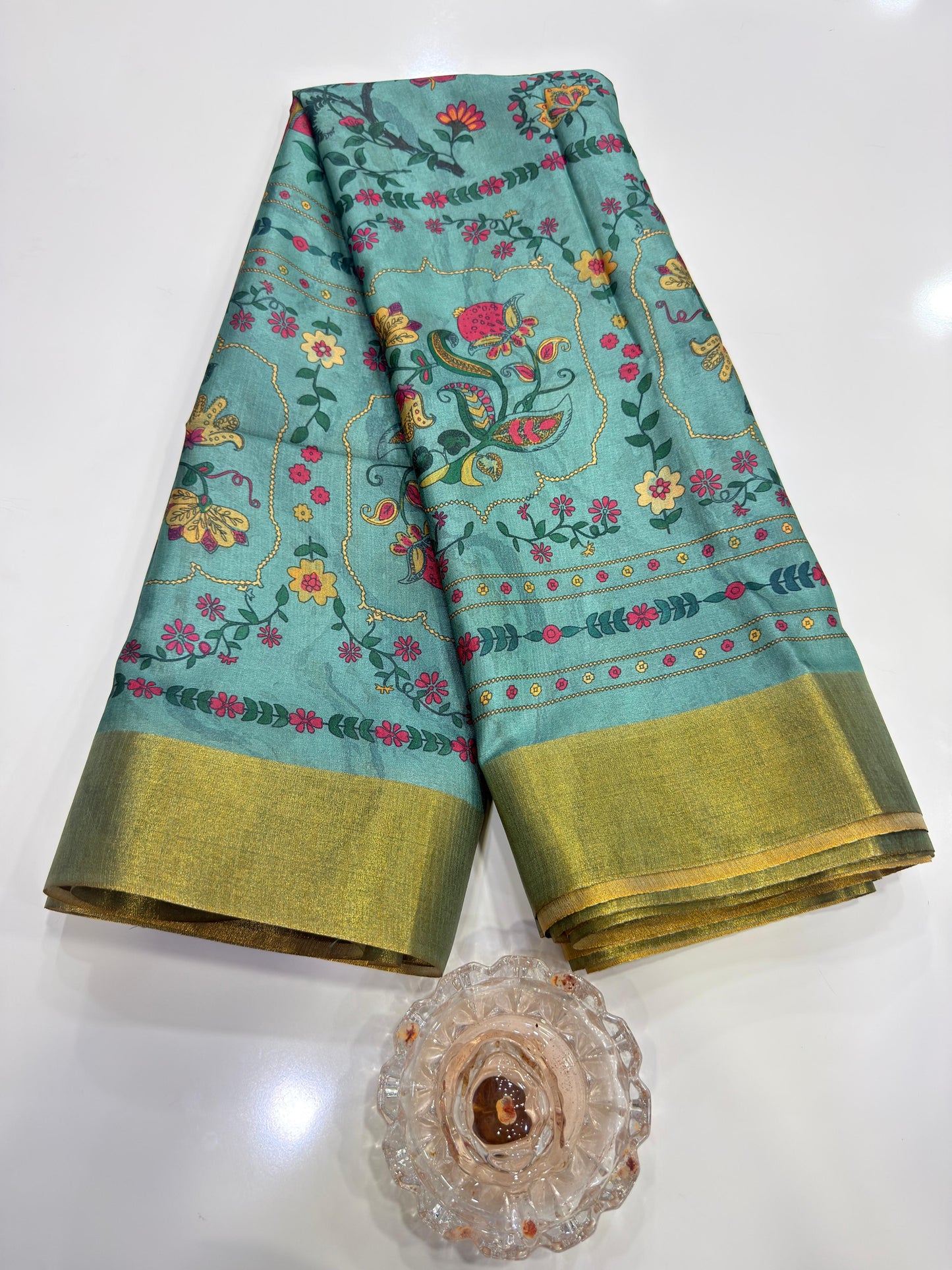 Soft Tussar Silk Printed Saree with Contrast Border, Tassels and Blouse for Women