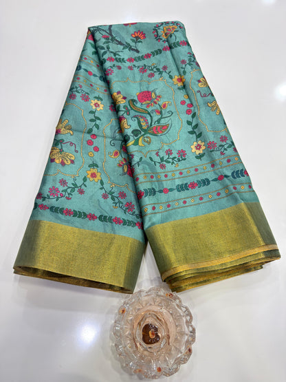 Soft Tussar Silk Printed Saree with Contrast Border, Tassels and Blouse for Women