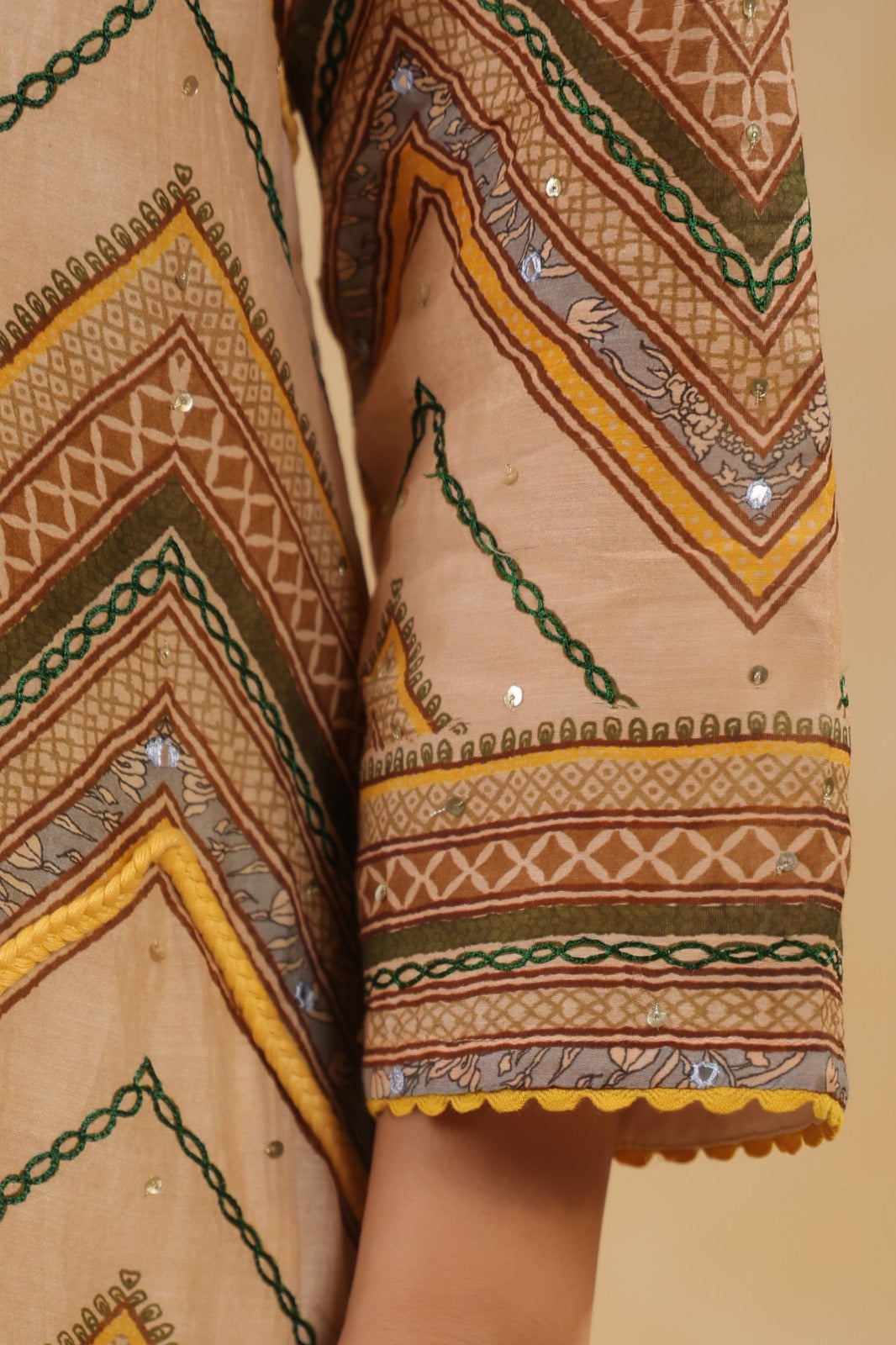 Mul Chanderi Kurti Pant Dupatta Set with Dori and Sequin Handwork for Women