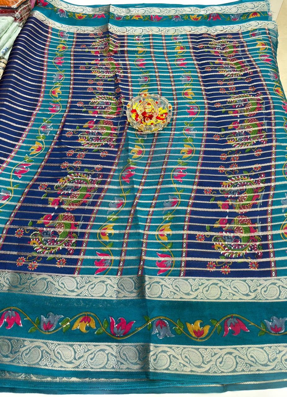 Munga Crape Silk Saree for Women with Contrast Woven Border and Traditional Stripe Design