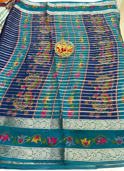 Munga Crape Silk Saree for Women with Contrast Woven Border and Traditional Stripe Design