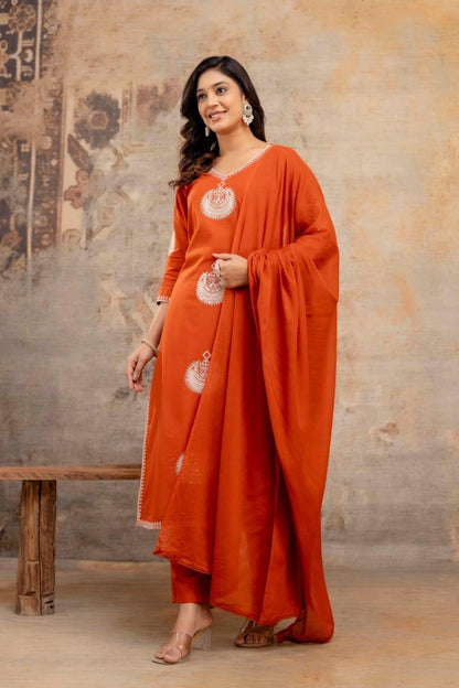 Women’s cotton 60x60 kurta pant dupatta set rust orange, motif detailing, v neck, sizes M-3XL
