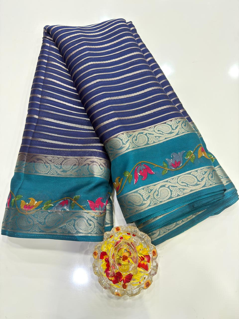 Munga Crape Silk Saree for Women with Contrast Woven Border and Traditional Stripe Design