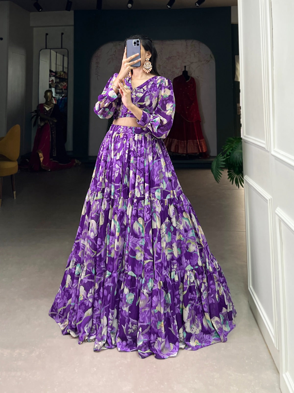 Georgette Chex Floral Print Co-ord Set with Lehenga and Blouse for Women – Stitched