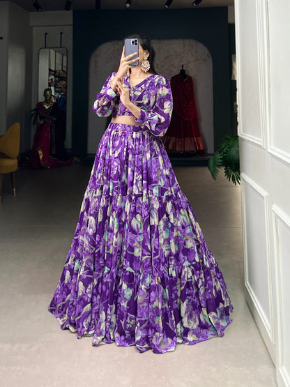 Georgette Chex Floral Print Co-ord Set with Lehenga and Blouse for Women – Stitched