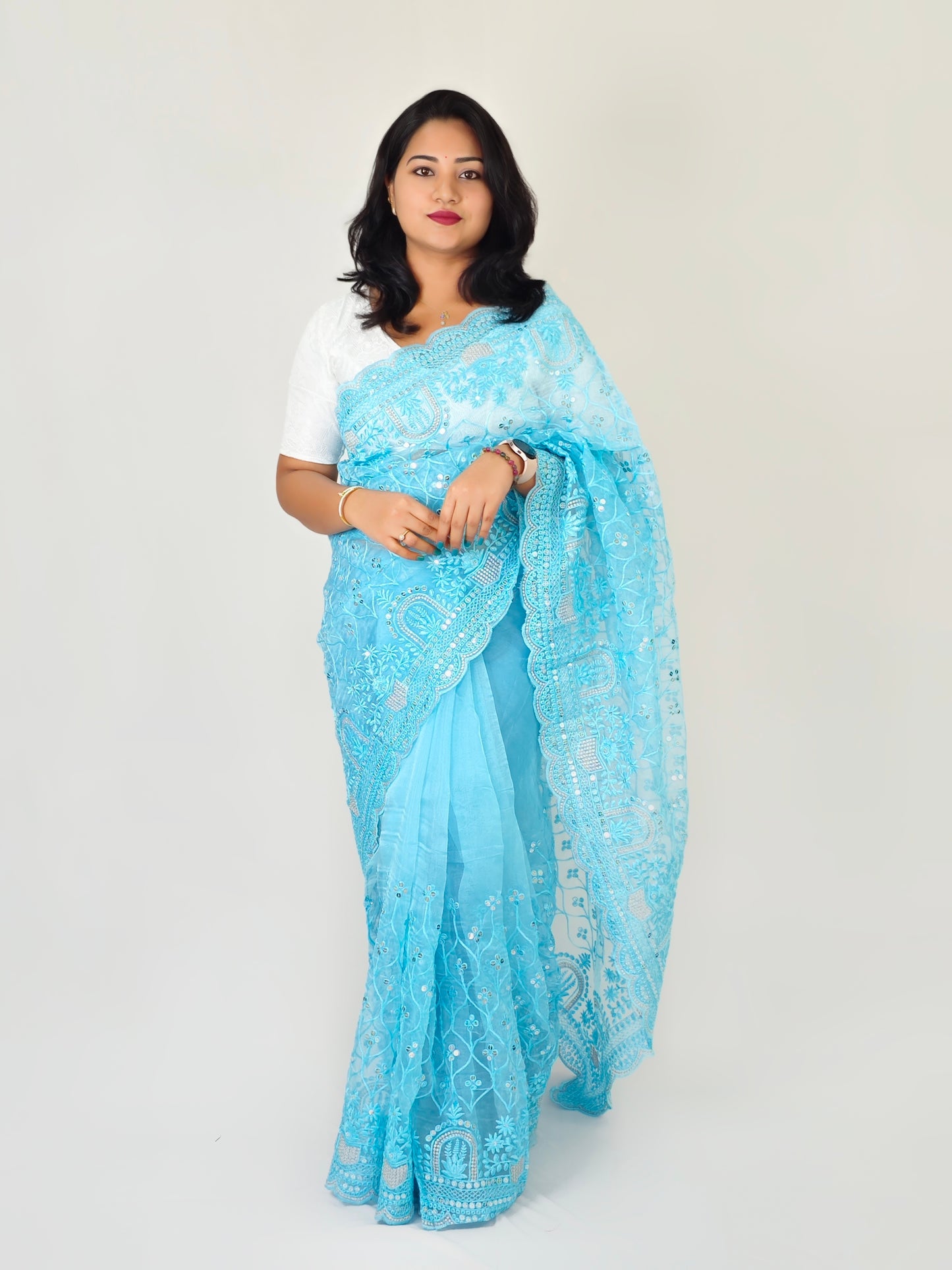 Premium Organza Saree with Multi-Thread Sequin Work and Mono Silk Blouse Piece