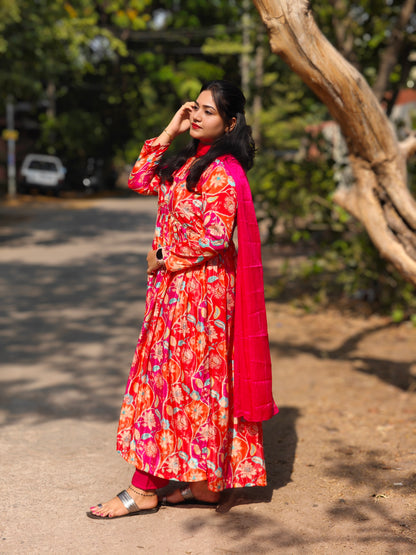 Chinnon Fabric Alia Cut Salwar Suit Set with Floral Print & Matching Dupatta – Sizes L to 2XL