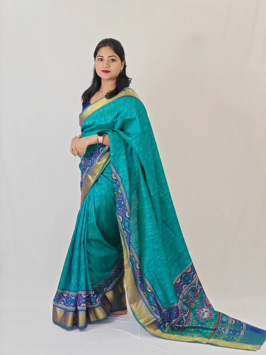 Soft Pochampally Silk Saree with Printed Multi-Butta Design and Contrast Running Blouse